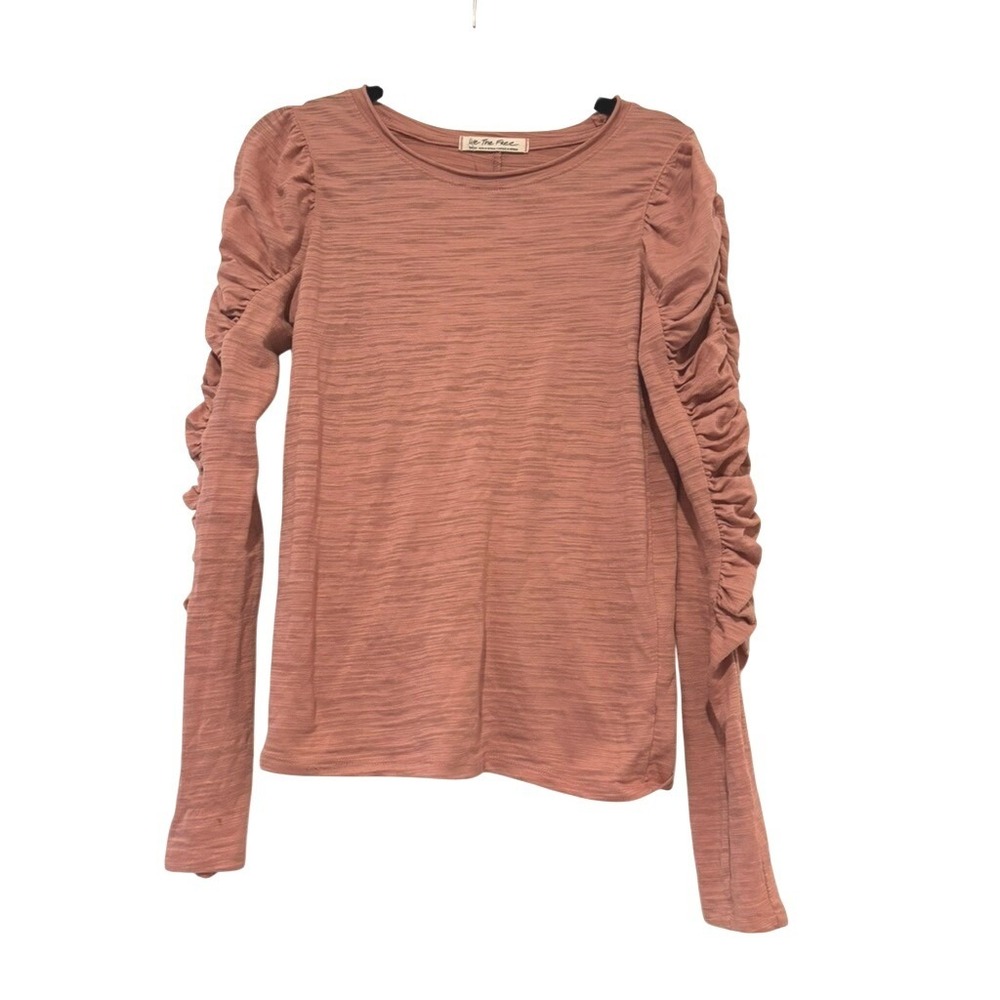 Free People sz S coral long sleeve ruched sleeve boho shirt OO